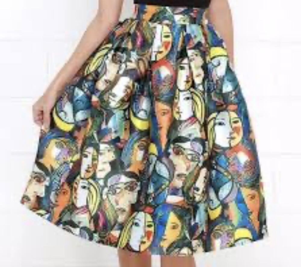 Banjul Picasso Style Colorful Face Art Flare Poofy Skirt ~ Lined ~ Size Small